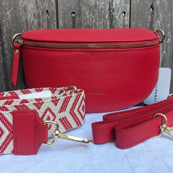 Italian Leather Fanny Pack with 2 Straps | Red Crossbody Waist Bag Real Leather - Picture 9 of 11